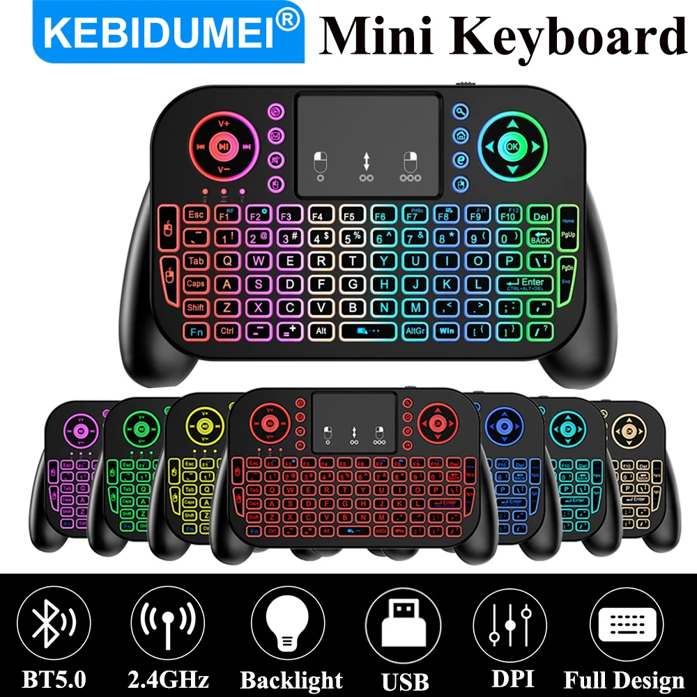 KEBIDUMEI Wireless Mini Keyboard RGB Backlit Keyboard with Touchpad 2.4G Bluetooth Rechargeable Keyboard for Android TV Box