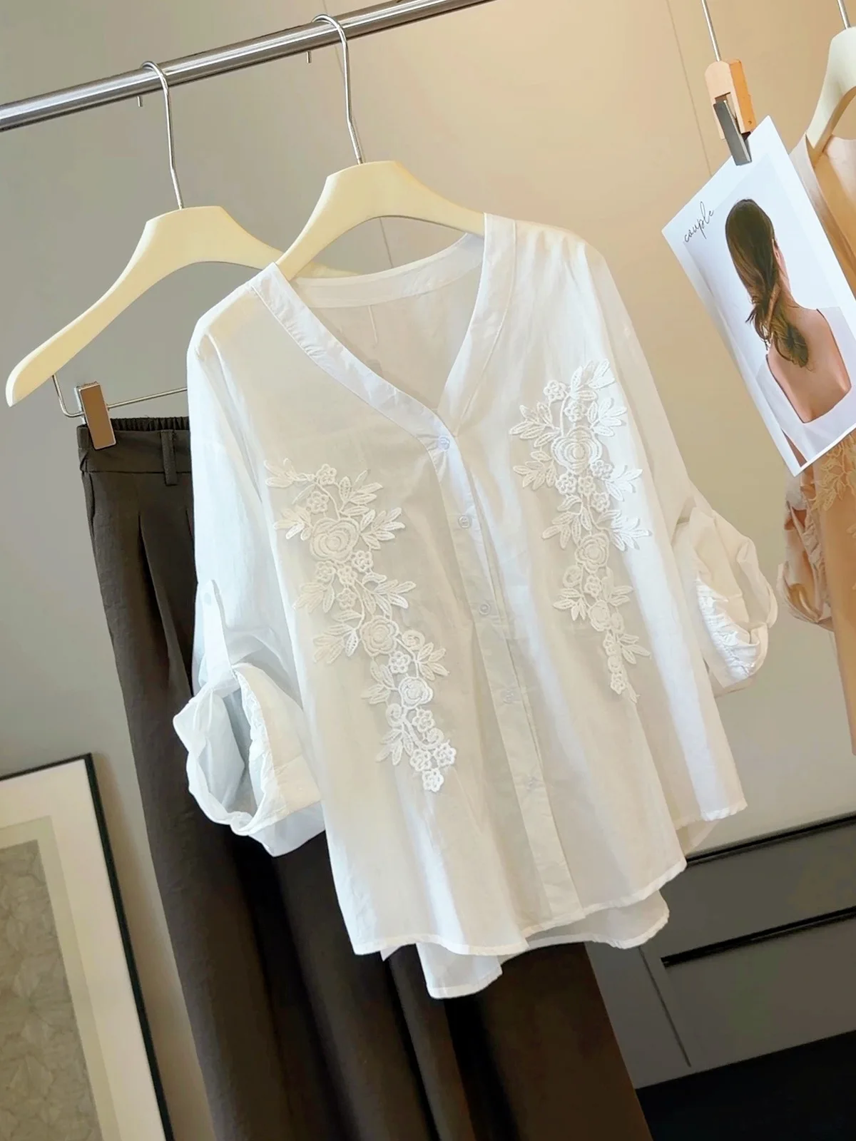 Harajuku Green Floral Lace Embroidered Blouse Roll-up Sleeve Button-down Casual Shirt Women French Cottagecore Garden Outfits