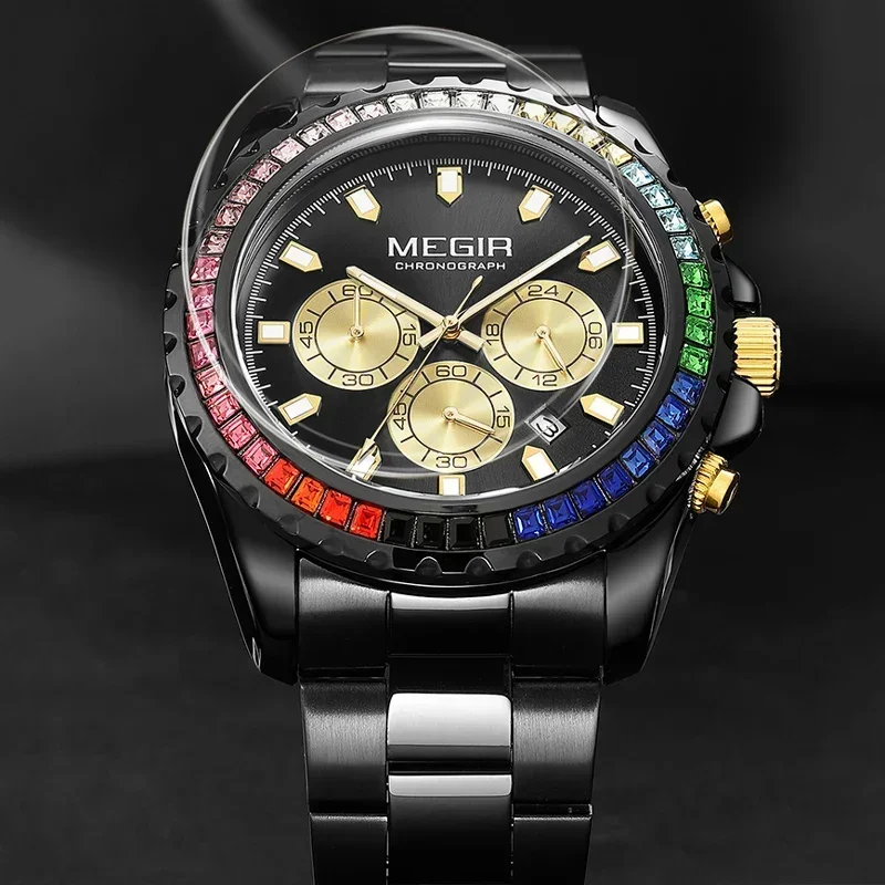 Relojes MEGIR cronógrafo de cuarzo para hombre a la moda con manecillas de diamantes de imitación fecha correa de acero inoxidable reloj de pulsera analógico negro para hombre