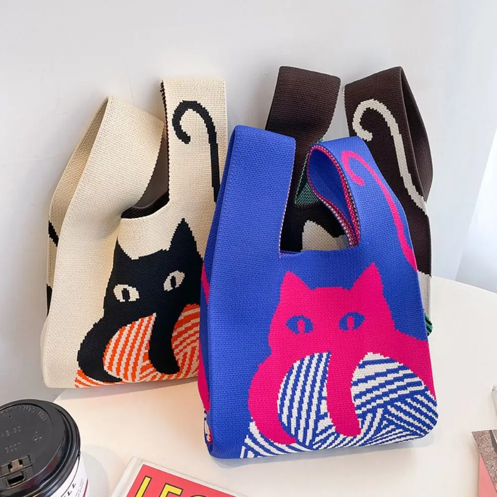 Handmade Cat Knit Handbag Women Mini Knot Wrist Bag Casual Color Tote Bag Student Reusable Shopping Bags