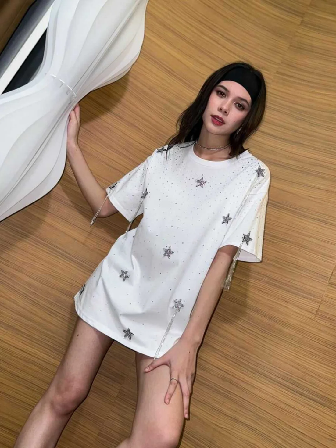 2025 verão feminino céu estrelado diamante quente estrela de cinco pontas manga curta borlas camisetas femininas soltas médio longo algodão topos