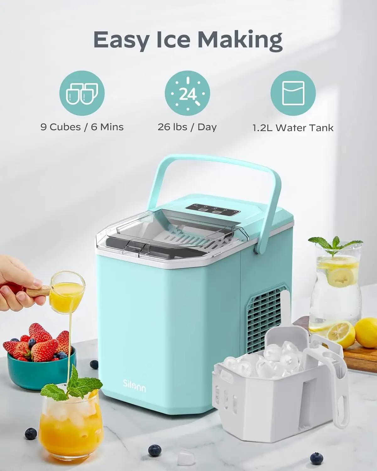 Ice Maker Countertop, Portable Ice Machine with Carry Handle, Self-Cleaning Ice Makers with Basket and Scoop, Ideal for Home