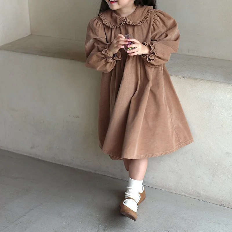 Corduroy Fall Toddler Dresses For Girl Spring Party Little Girls Long Sleeve Dress 1 2 3 4 5 6 Years Toddler Clothing Brown Blue