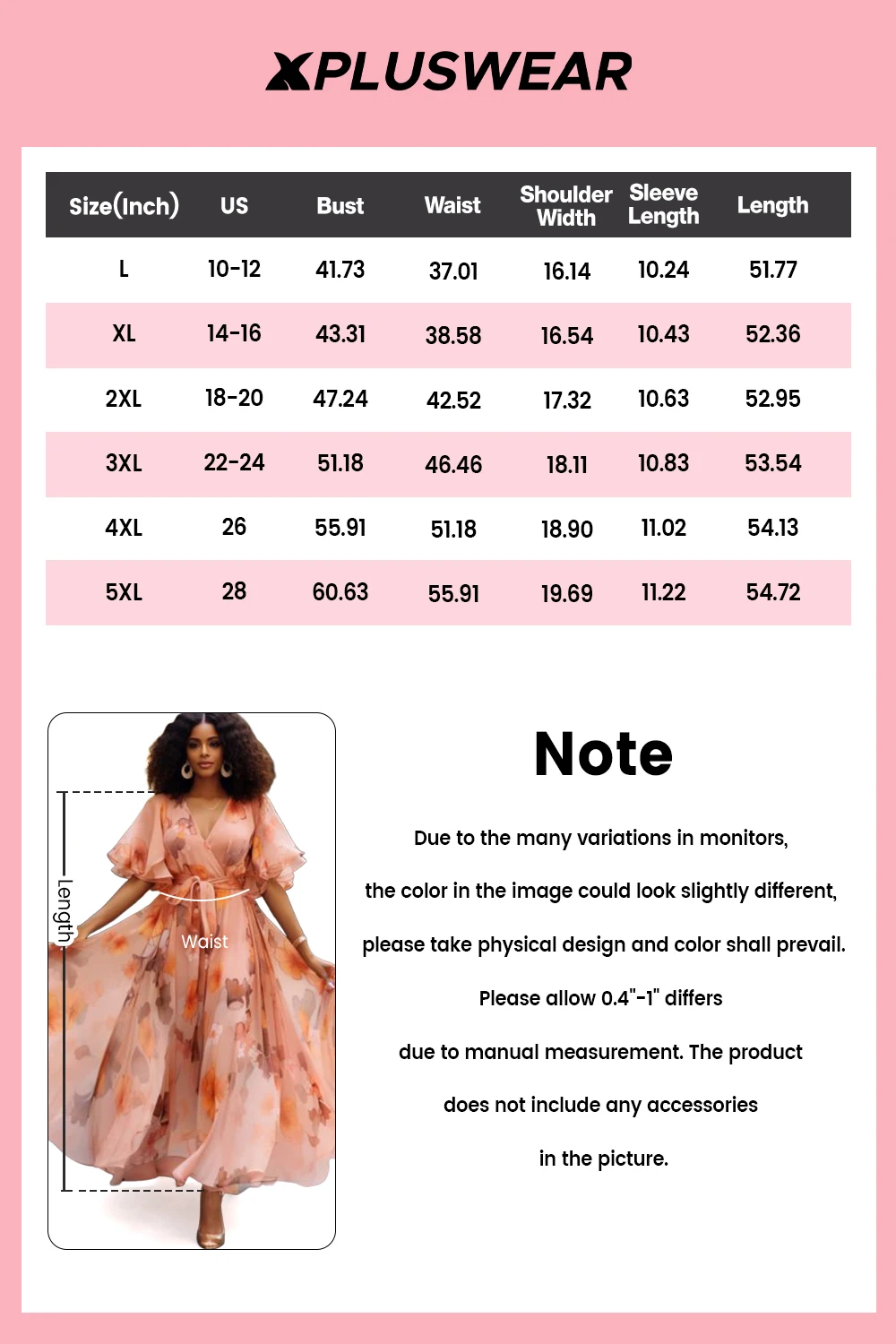 بالإضافة إلى حجم عطلة أنيقة الخوخ الأزهار التفاف الرقبة قصيرة الأكمام فساتين ماكسي الشيفون #5