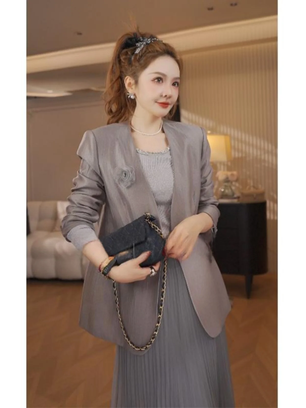 

Ele Starry man Silk Satin PINZIKO Large Rabbit Faionable Top Outerwear Women's Busin Casual Long Sve