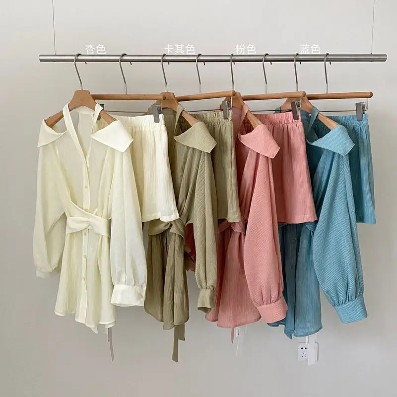 Shirt dress women's suit 2024 summer new long-sleeved shirt POLO collar sunscreen shirt long shorts two-piece suit