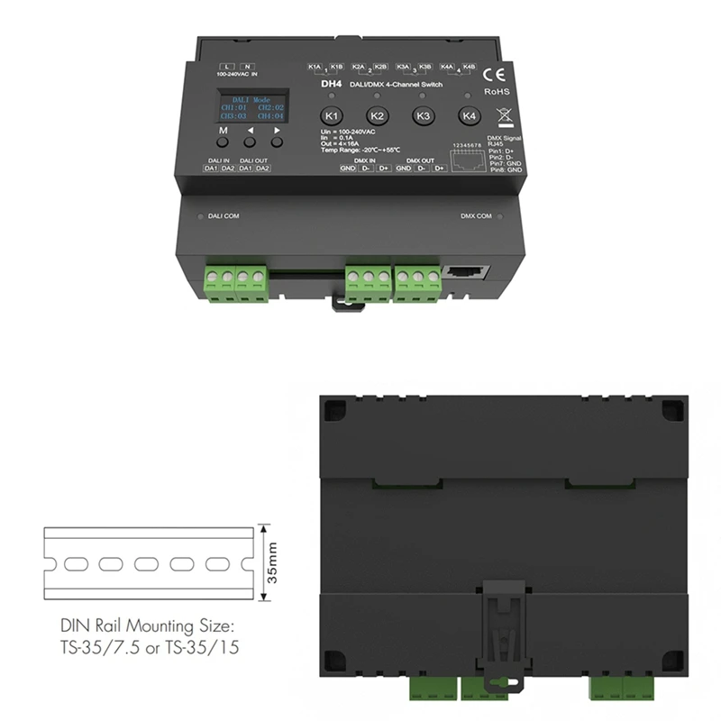 For DMX 4-Channel Switch With OLED Display Screen Relay 4CH Dry Contact Output 4 Address DMX-RDM Din Rail 100-240VAC