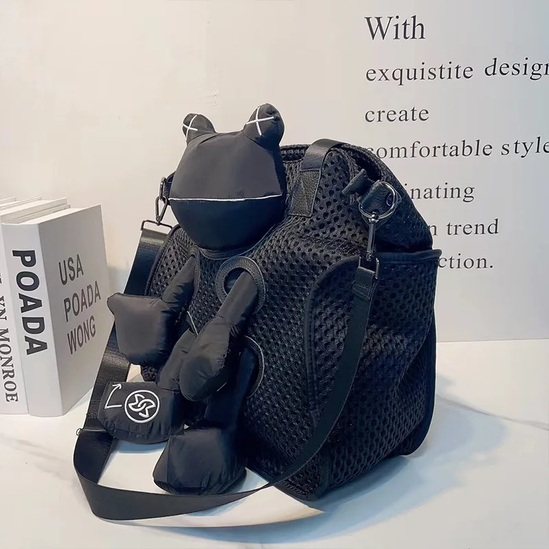 Casual shoulder bag new mesh frog doll tote bags with real leather  large capacity handbag crossbody commuter travel female bag