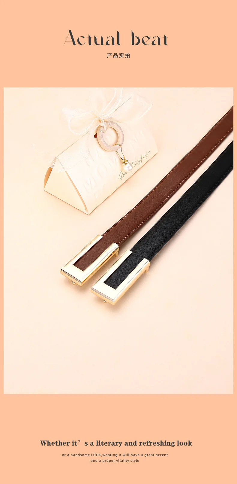 Glänzender Goldschnallen-Gürtel für Damen aus Rindsleder, Modischer Taillengürtel, Vielseitiger Glatter Schnallen-Dekorationsgürtel für Kleider und Hosen – Detail 12