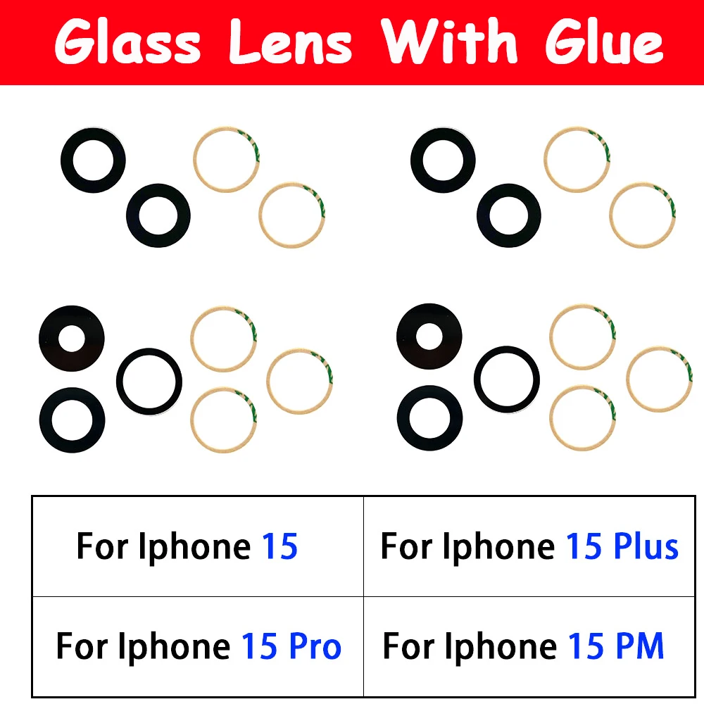 10Pcs，Camera Glass For iphone 15 Pro Max / 15 Plus / 15 Pro Rear Back Camera glass Lens With Glue Adhesive Sticker