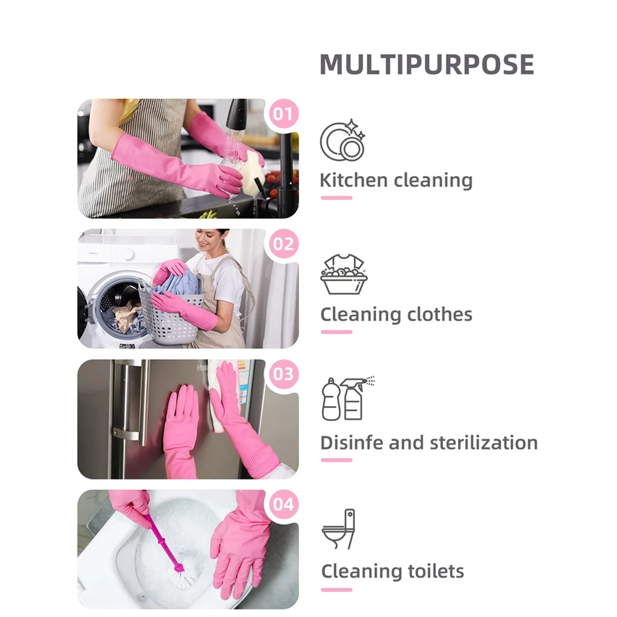 2 Pairs Dishwashing Cleaning Rubber Gloves, Reusable Waterproof Kitchen Gloves, Non-Slip, S