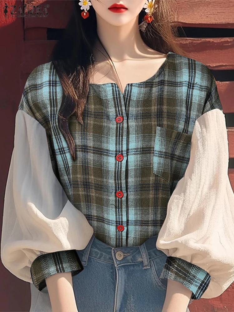 Spring Stylish Patchwork Long Sleeve Shirt 2025 ZANZEA Women Plaid Checked Blouse Casual Vintage Holiday Blusas Female Party Top