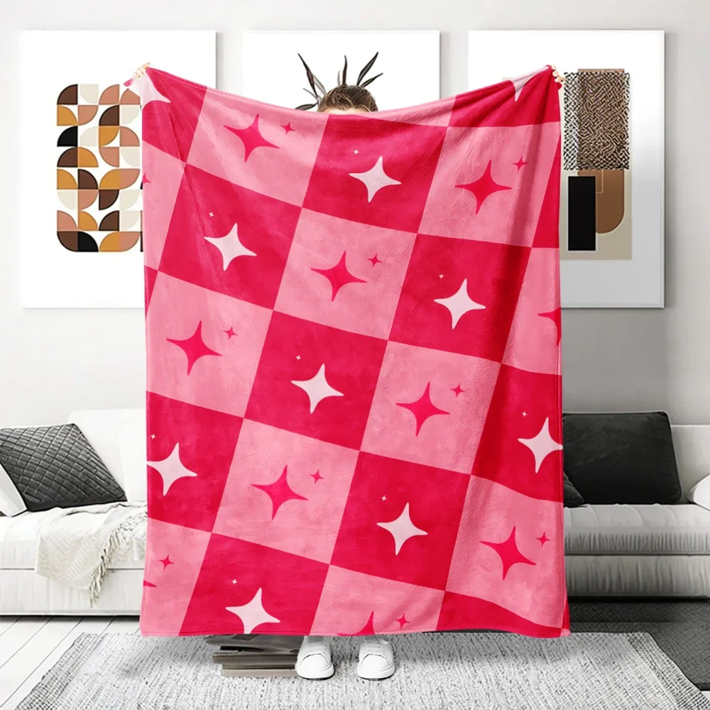 Red Pink Checker Stars Flannel Blanket Perfect For Sofa Office Bed Travel Sleep Read Relax Camping Four Season Use