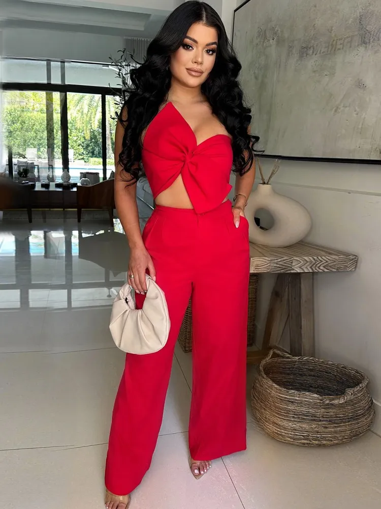 

2 Pieces Women's Sets 2025 Summer Autumn Sleeveless Suit Red Black Tops And Wide Leg Pants Suits Two Piece Set Tracksuit Outfit
