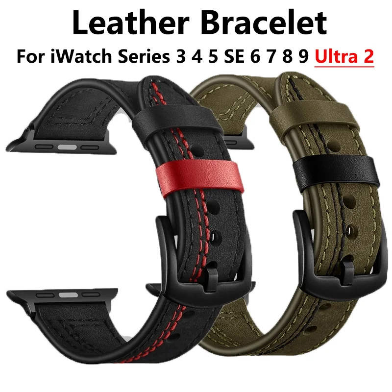 Leather watch strap For Apple Watch band 44mm 40mm 49mm 45mm 41mm 42mm correa belt bracelet iWatch series 9 8 7 6 5 3 SE ultra 2