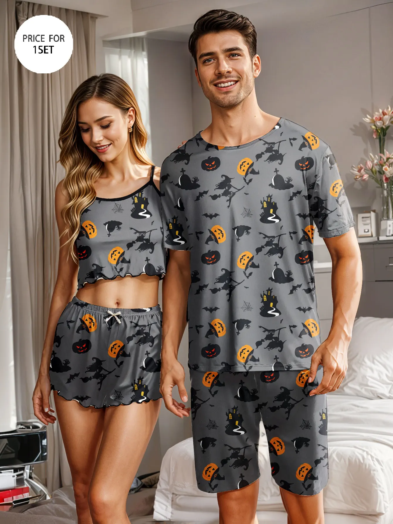Men's Pajamas and Loungewear Halloween-Themed Fun Print Short Sleeve+Shorts Loungewear 1 Top+1 Pants Suitable for Halloween Gifts
