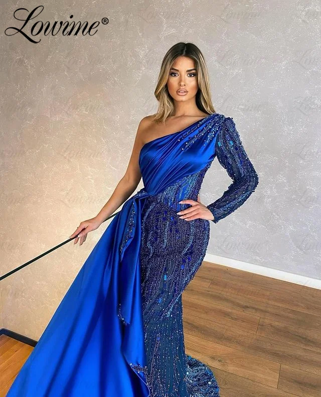 Robe De Soirée Blue Evening Dress With Side Train Long Sleeve One Shoulder Elegant Full Beaded Women Party Dresses Prom Gowns