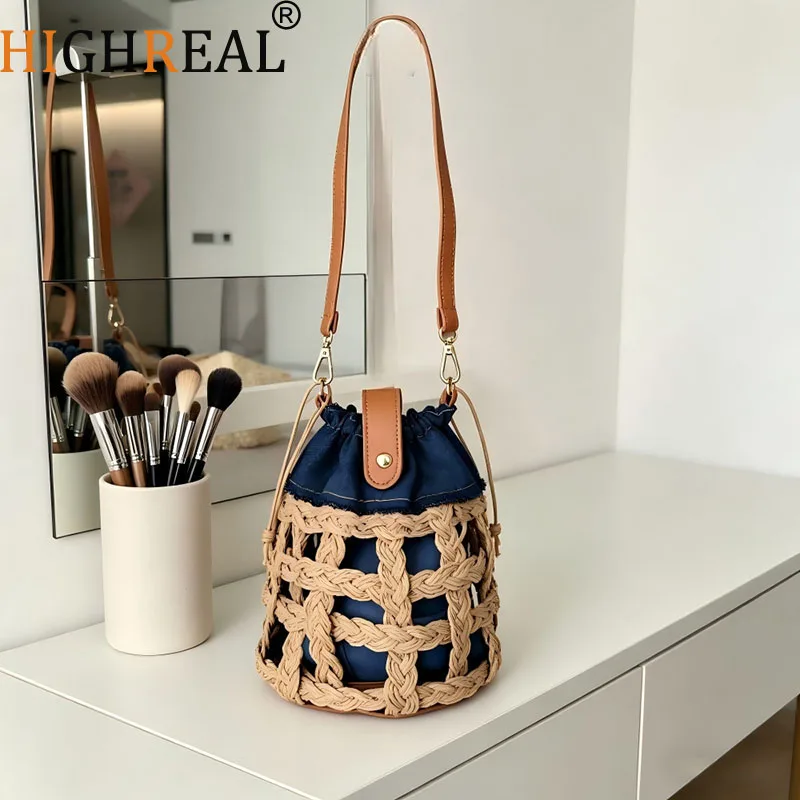 

Bohemian Woven Bucket Bag Denim Patchwork Women Shoulder Bag New Hollow Purses and Handbags Summer Travel Beach Bags for Women