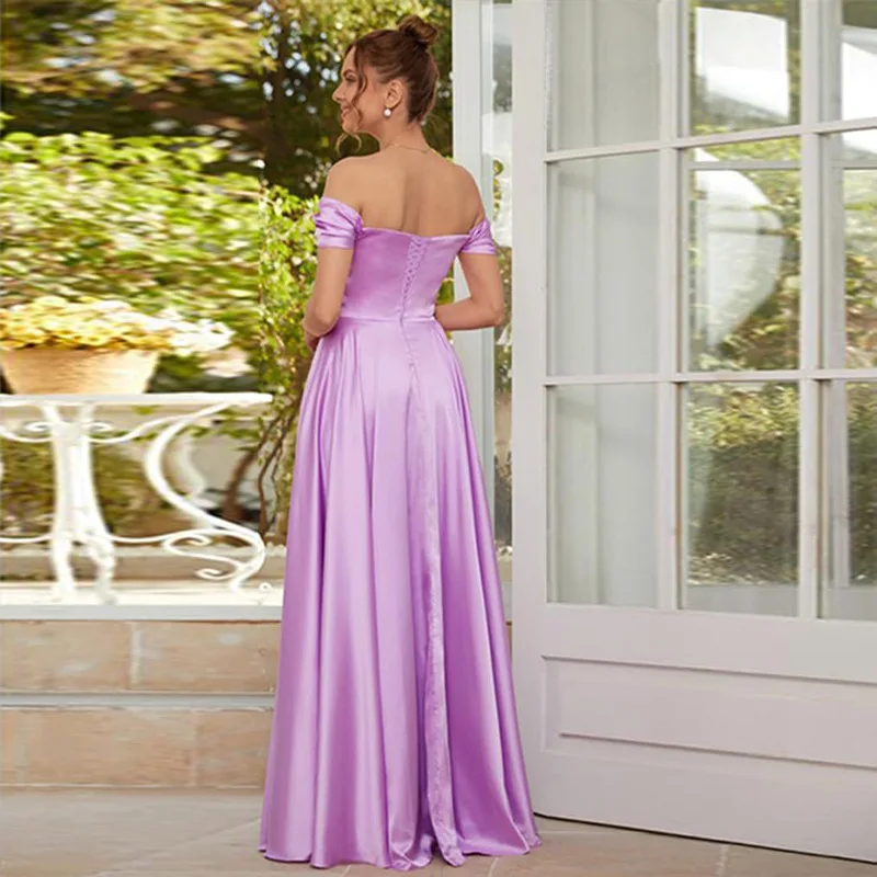 Off-Shoulder Satin Bridesmaid Dress Wedding Long Pleated A Corset Formal Ball Dress with Split Forks