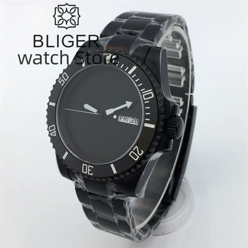 BLIGER 40mm sterile white dial Black PVD Diving Watch for Men Japan NH36 Movement Sapphire glass luminous Hands Steel strap