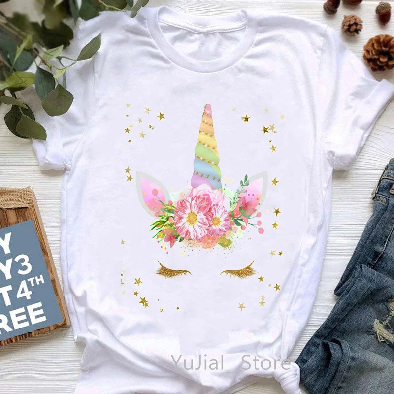 

2024 Hot Sale Rainbow Unicorn Pink Flowers T-Shirt Women'S Clothing Tshirt Femme Summer Fashion Tops Tee Shirt Female