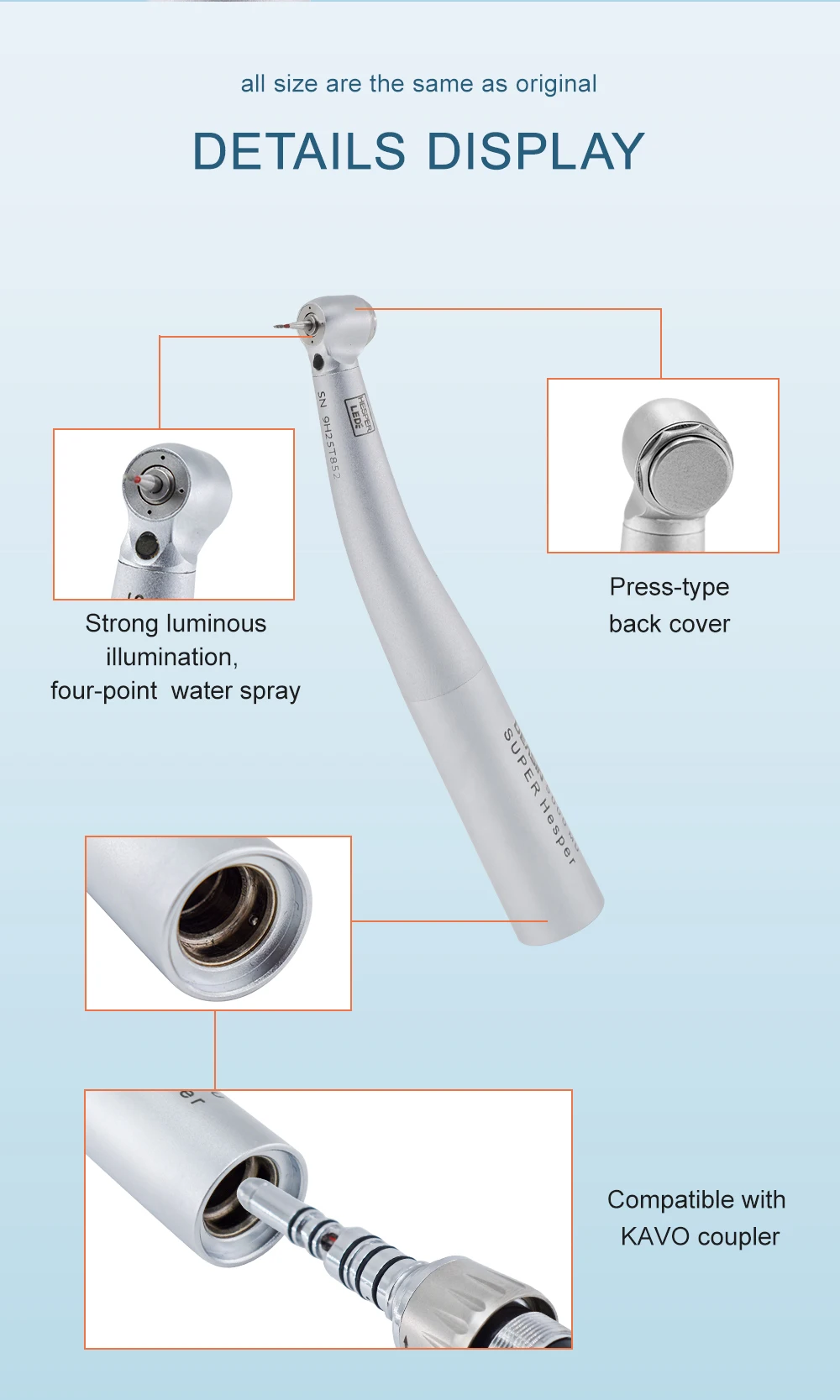 HOT Dental Mini-Kopf Faseroptik LED-Leuchten 9000L Hochgeschwindigkeits-Handstück für Kinder Kurzer Schaft Bohrer Zahnarzt-Werkzeug Ausrüstung – Detail 3