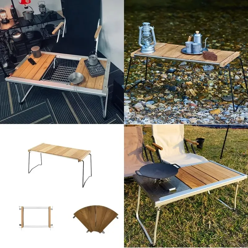 Outdoor Folding Teak Table with 304 Stainless Steel Frame Minimalist Design for Barbecues Picnics Camping Furniture