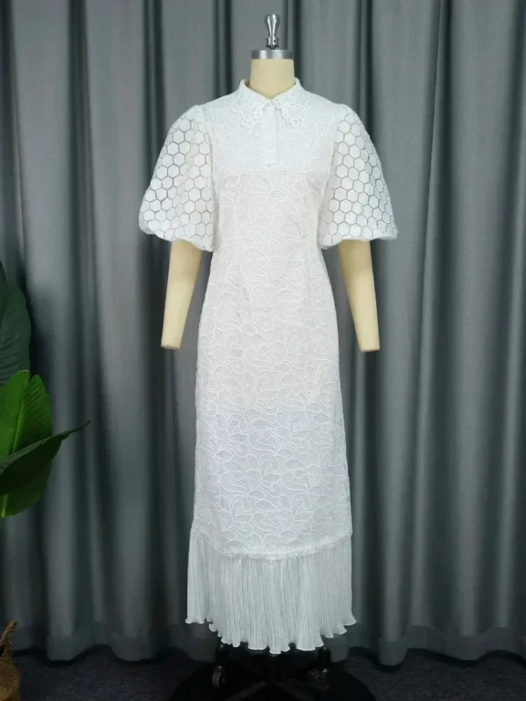 White Lace Dresses for Women Wedding Guests Elegant Turn Down Collar Puff Sleeves Pleated Hem Midi Dress Luxury Occasion Clothes