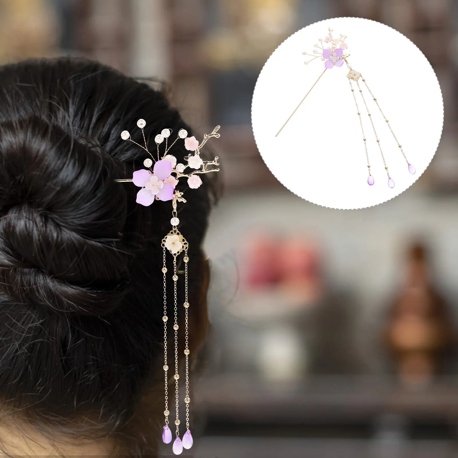 

Pearl Tassel Flower Hair Stick Retro Chinese Hairpin Classic Style Hairpin for Hanfu Dance Party Long Hair Accessories