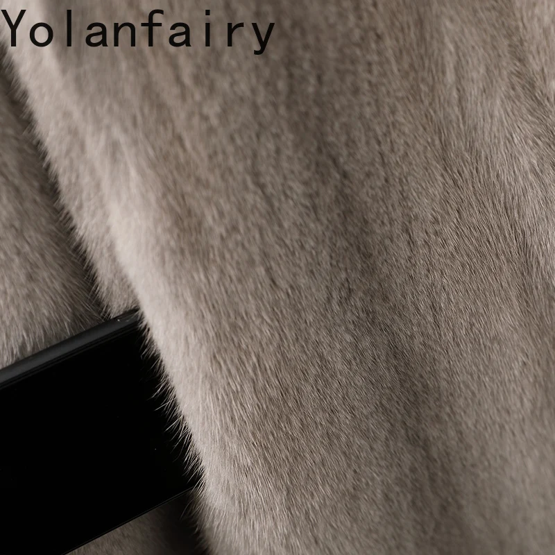 YOLANFAIRY Whole Mink Real Fur Coat with Hood Winter Luxury 2025 Mid-length Natural Mink Fur Coats for Woman Grey Fur Jacket