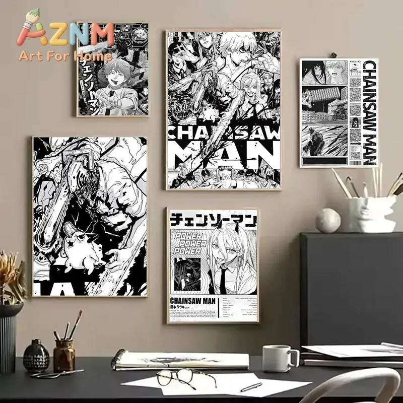 AZNM Chainsaw Man Black White Manga Art Canvas Wall Art Frameless Anime Print Poster for Home Bedroom Living Room Wall Decor