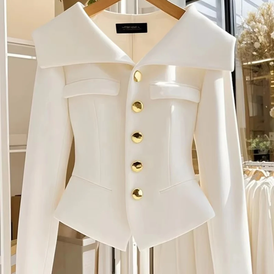 2025 Autumn Women\'s White Coat Waist Long Sleeve Slim Chic Short Outwear High-End Solid Color Top Clothing Office Jackets Ladies