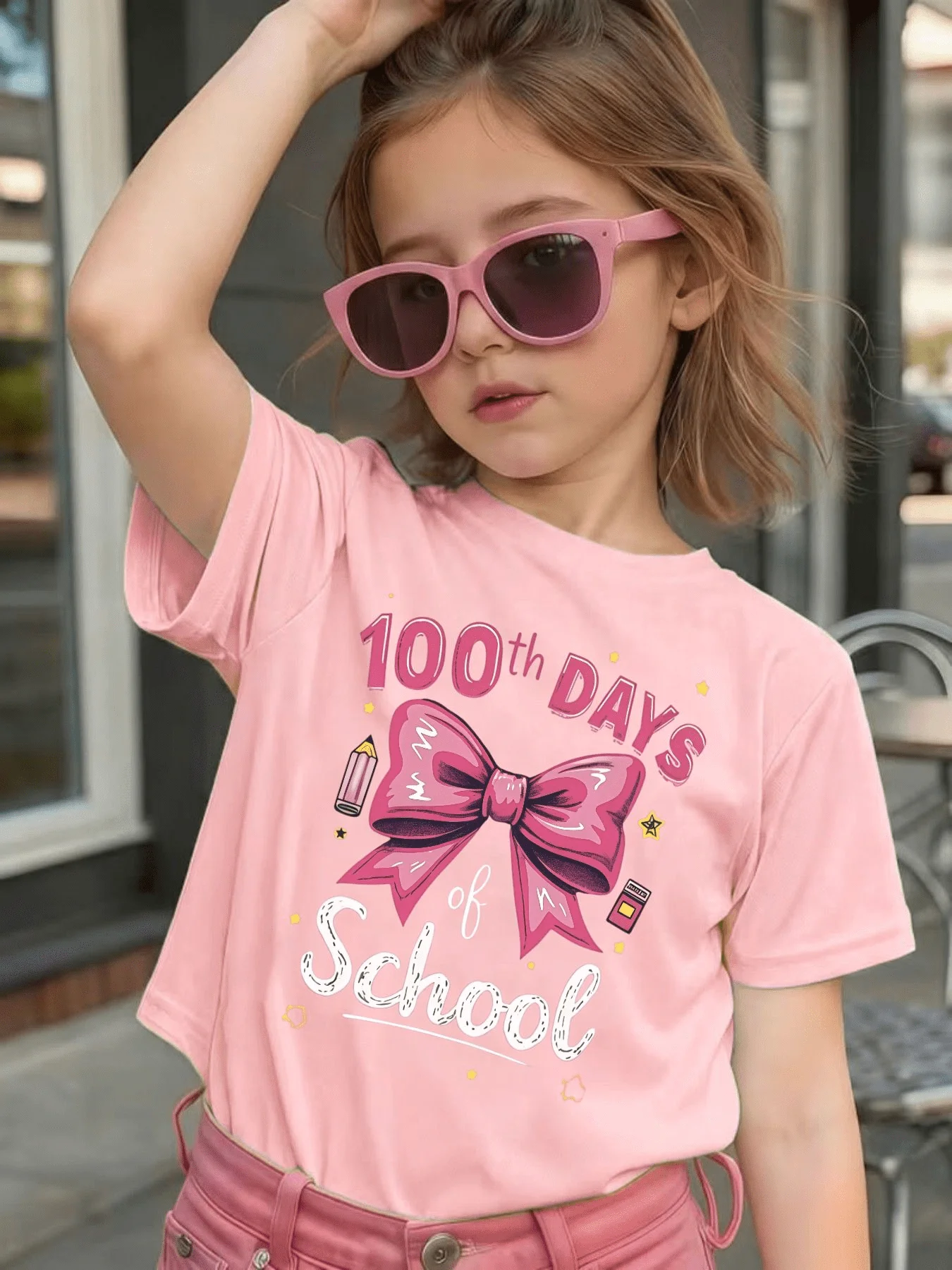 Cute 100th Days Of School Pink Bow Graphic Kids Tee Boys Girls Family Matching Cotton Crew Neck Short Sleeve Soft Summer Tee