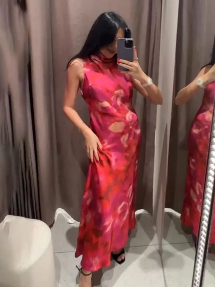 HH Women 2025 Spring New Silk Satin Texture Print Sleeveless Midi Dress Female Light Luxury Elegant Slim Long Dress Mujer