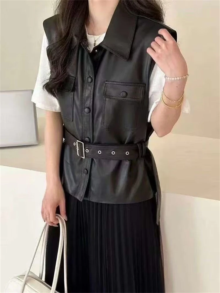 

Модный кожаный жилет в стиле ретро с поясом, женский повседневный жилет на весну и лето, Новое поступление, топ с высокой талией и внутренним плечом