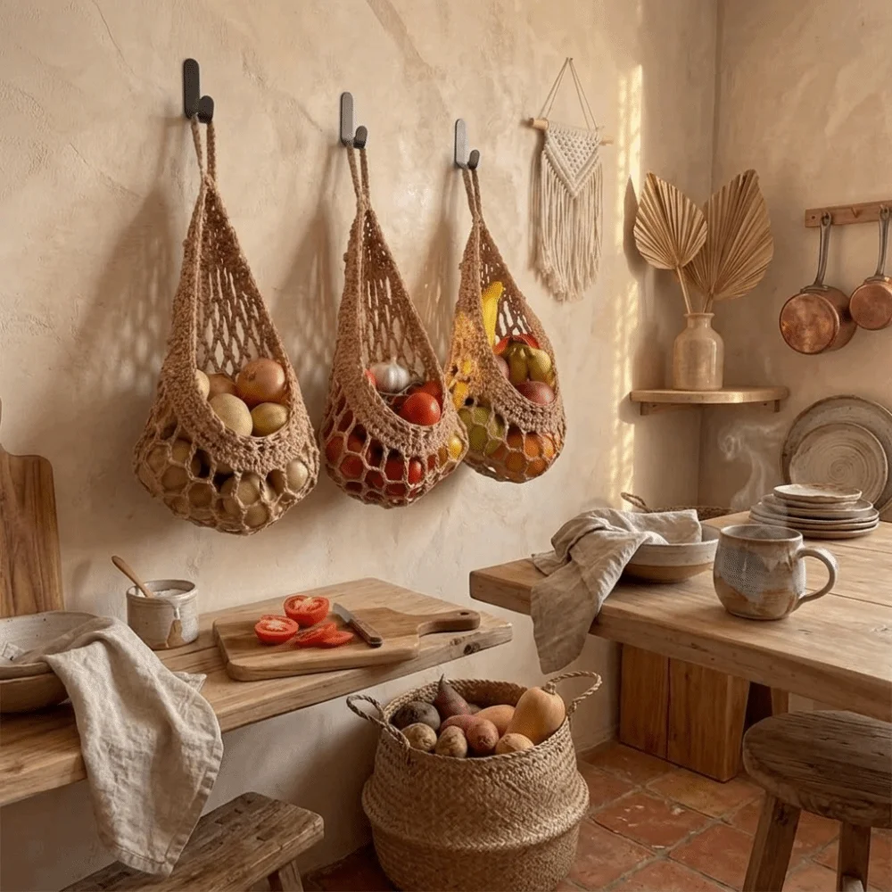 Cotton Rope Fruit Storage Basket Hand Woven With Hooks Vegetable Storage Basket Teardrop Shape Wall Mount