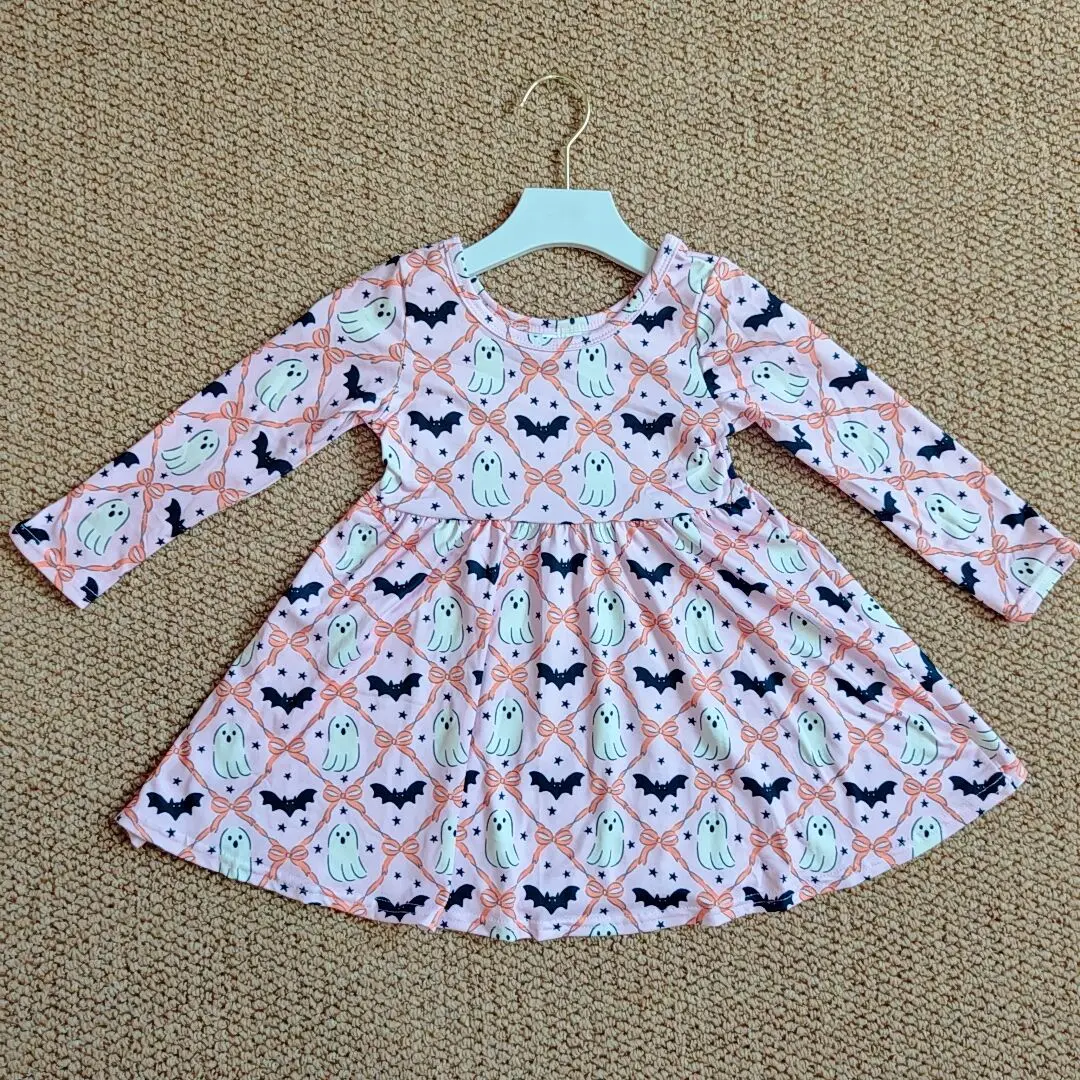 

9.25 Baby Girls Winter Dresses Baby Girls Pink Halloween Bows Bats Ghosts Knee Length Dresses