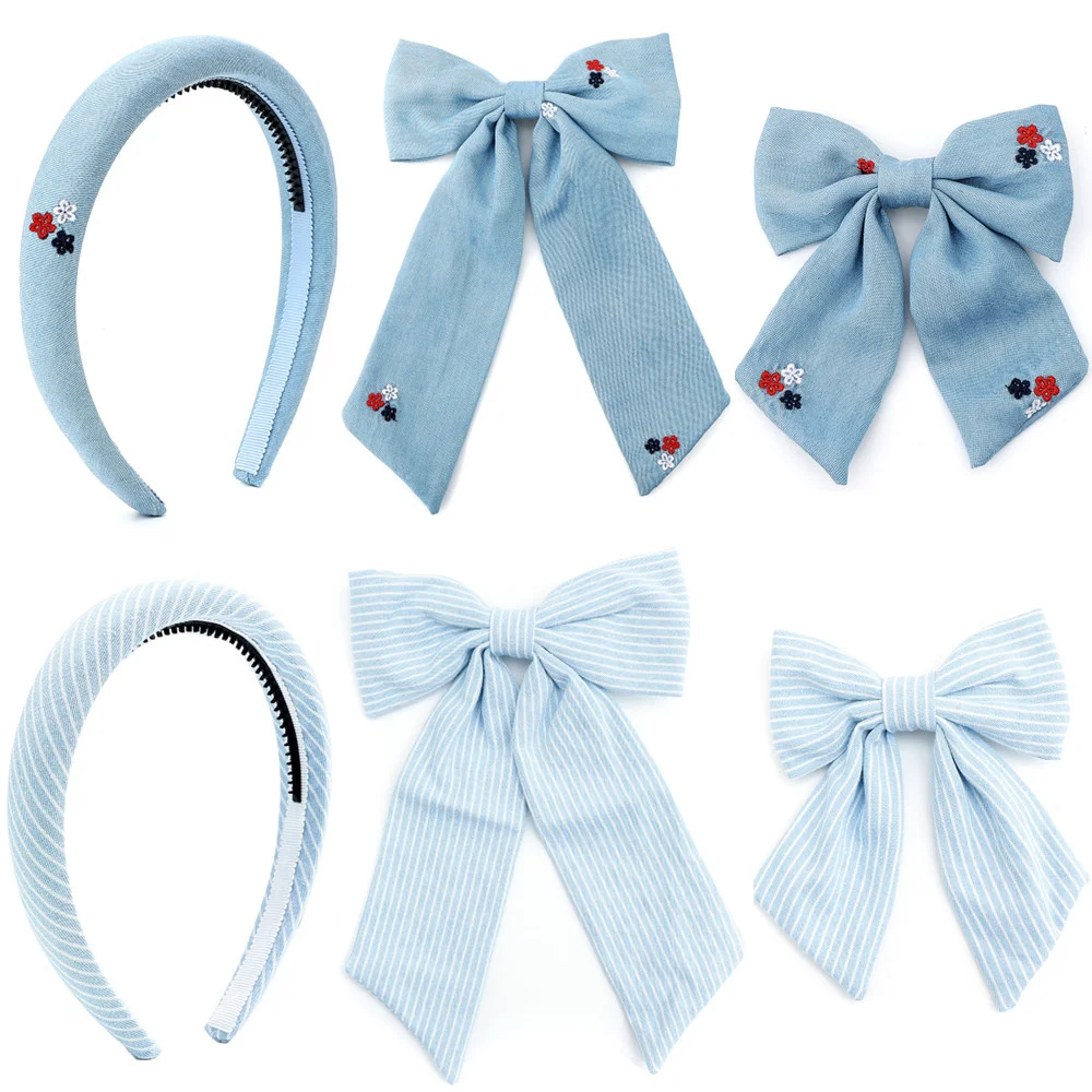 Fashion stripe  pattern Girls Headband Fashion Hairband denim Elegant  Hairbow  Hair Accessories Elegant Headband bow clip