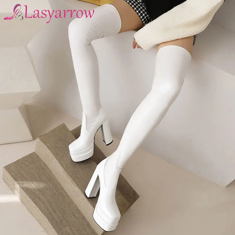 

Lasyarrow Women Platform Over The Knee Boots Sexy Super High Heels Red Patent Leather Long Boots Woman 2022 Winter Black Shoes