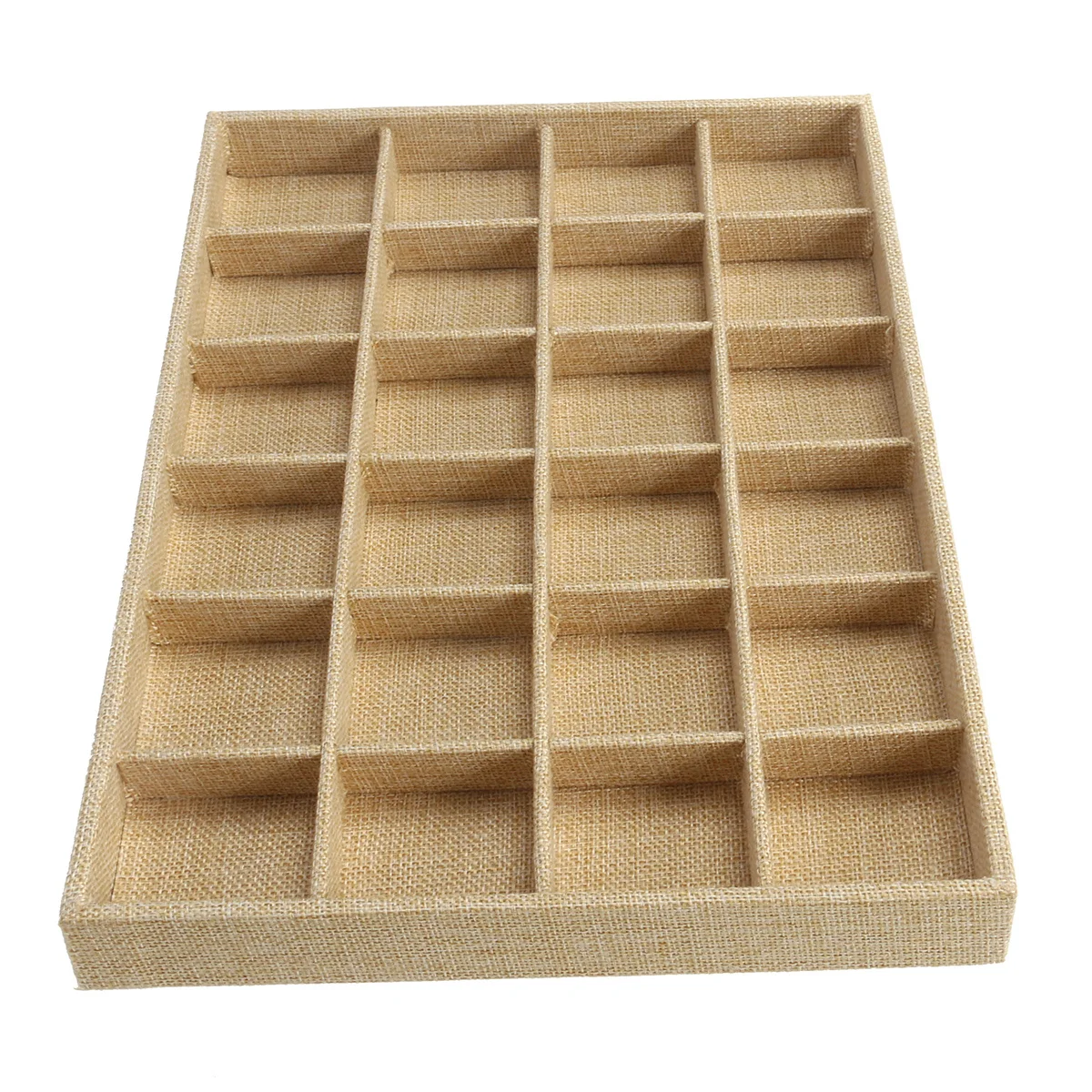 24-Grid Linen Wood Jewelry Ring Display Storage Box Organizer Holder Dustproof Case for Personal Business Use Dressing Table