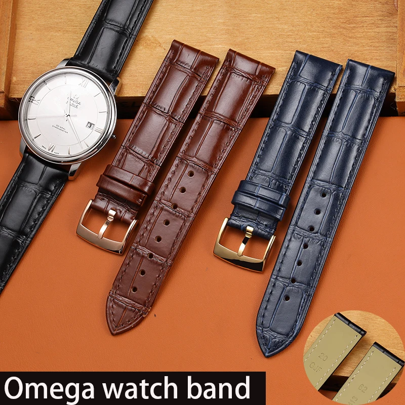 Leather strap for Omega SEAMASTER DE VILLE 424 men's watch strap folding clasp/pin clasp 19/20/21mm bracelet Black blue belt