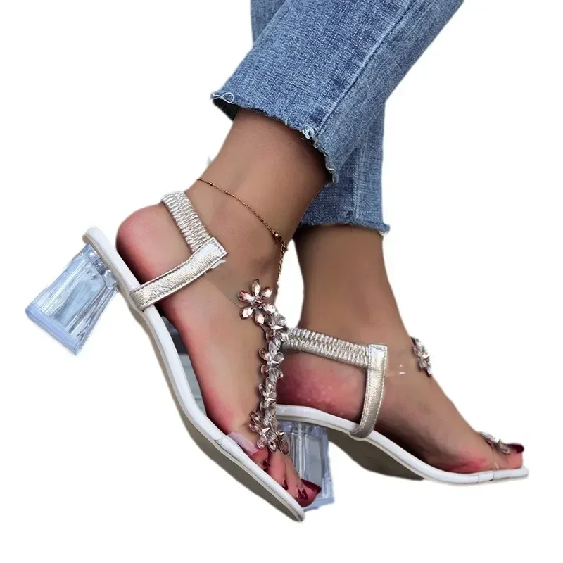 Women Flower Decoration Sandals Pvc Crystal Chunky Heel Peep Toe Back Strap Elastic Band Elegant Sexy Rome Shoes Ladies