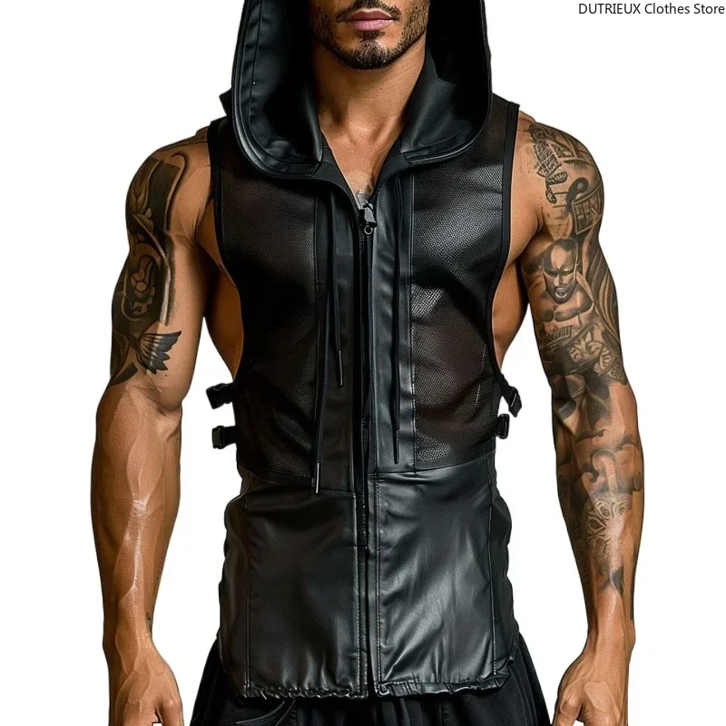 Men\'s Leather Stitching Net Shirt Motorcycle Leather Vest Top Sexy See-through Hooded Vest Muscular Men Fitness Vest Tank Top Me