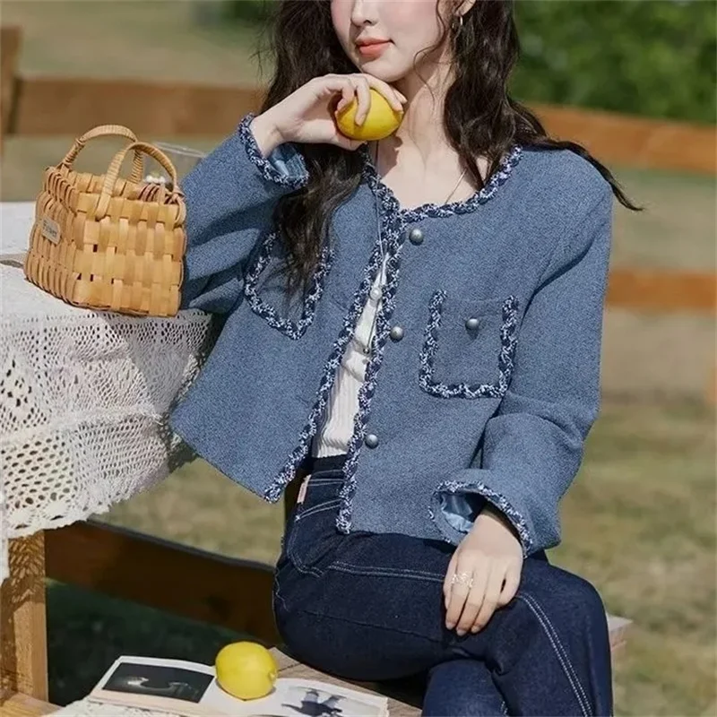 

2026 New Small Fragrance Style Spring Autumn Winter Jacket Women Coat Round Neck Splicing Webbing Slim Fashion Short Top