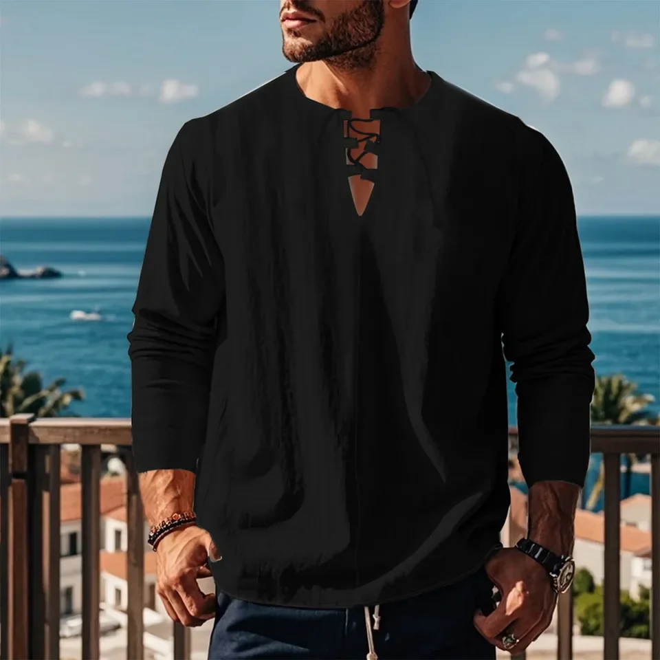 Mens Spring Summer Casual Beach Tropical Cotton Linen Strap Pocket Solid Color Hooded Long casual commuting long sleeved shirt