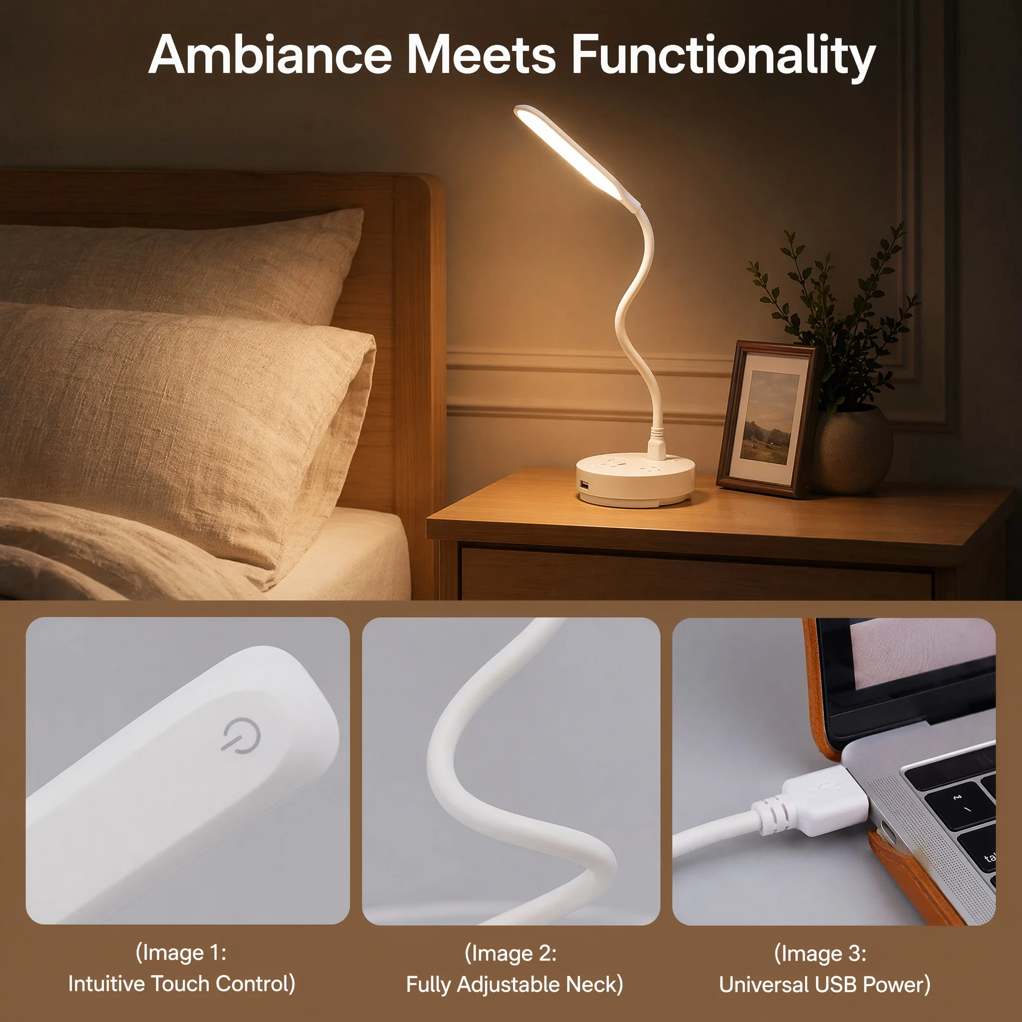 USB Plug Play Gooseneck Night Light, Dimmable Desk Lamp with Flexible, Portable Touch Control Table Nightlight, Reading Lighting
