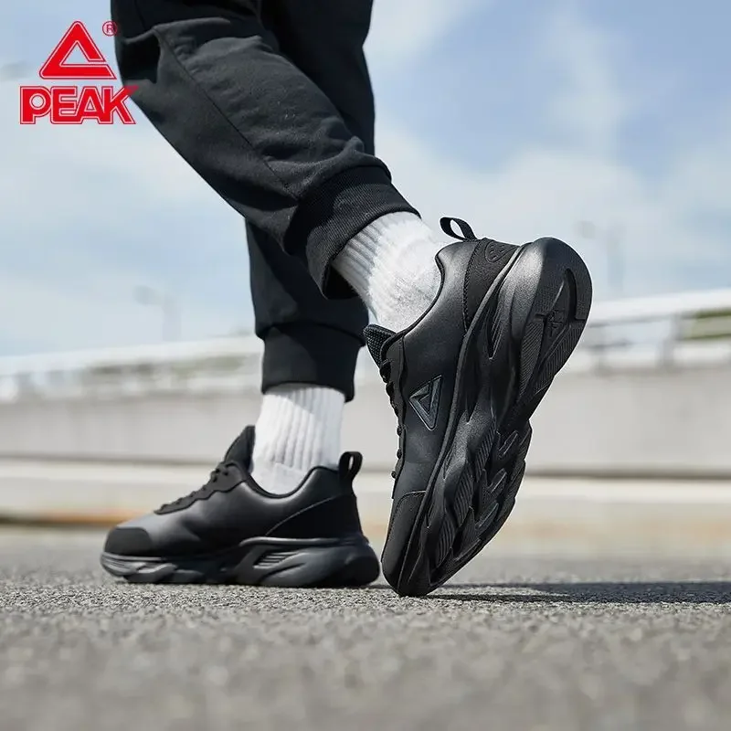 PEAK Men's Running Shoes Autumn Leather Waterproof Casual Shoes Genuine Black Health Sneakers Shoes for Men with Free Shipping