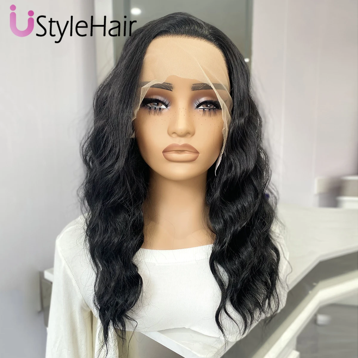 

UStyleHair Черный короткий волнистый парик Синтетический парик фронта шнурка для женщин Натуральная линия волос Парики для ежедневного использования Термостойкие волокна волос