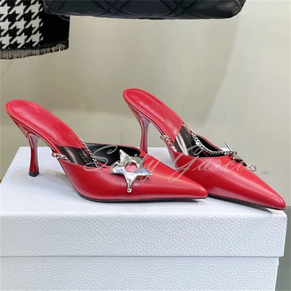 Metal Chain Decoration High Heel Slipper Women Pointed Toe Shallow Stiletto Heel All Match Professional Commuting Pumps