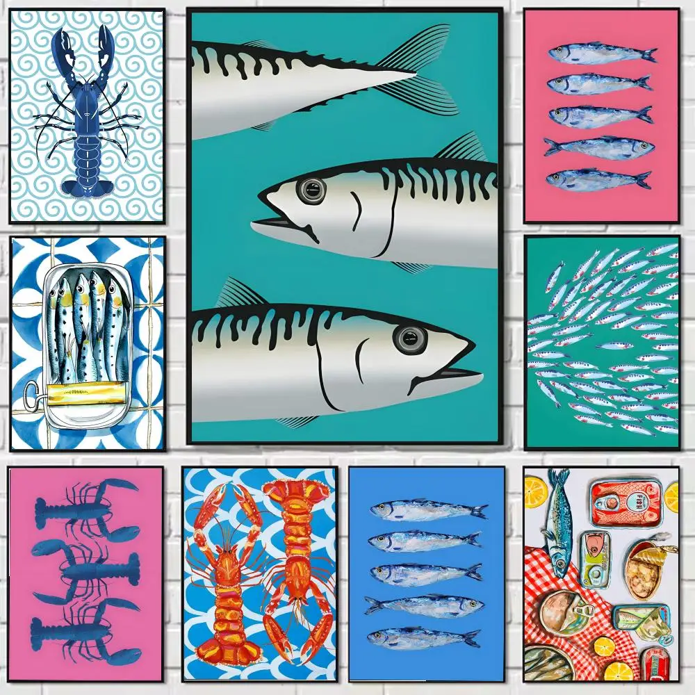 الملونة السردين جراد البحر الأسماك المحيط اللوحة الخط قماش المشارك: تجعد الحرة للماء دائم جميع الفضاء جدار ديكور